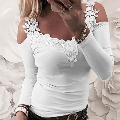 New Strap Off Shoulder Tshirt Women Lace Stitching Woman O-Neck Sexy Long Sleeve Tee Female Casual Slim Tee Shirts Top