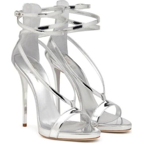 Dipsloot New Woman Gold Sliver Patent Leather Cross Cuts Out Sandals Ladys Stiletto Heels Open Toe Party Dress Shoes Size 34 46