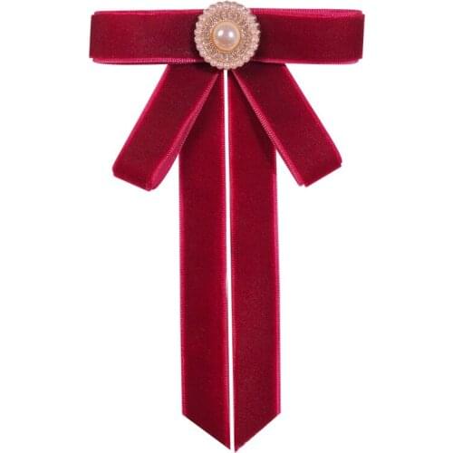 Womens Bow Tie Handmade Korean College Style Shirt Pure Color Retro Velvet Pearl Crystal Collar Flower Brooch Jewelry Gift