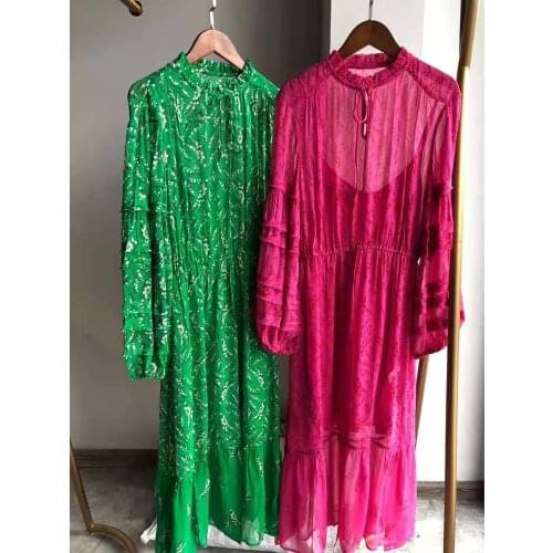 Ladies Long Sleeve Ruffled Neckline Floral Printed Midi Dress With Lining