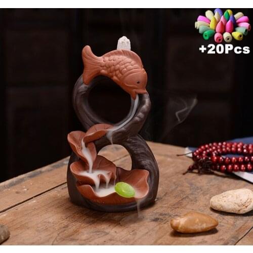 Free Gift 20Pcs Incense Cones Creative Handmade Craft Gift Ceramic Waterfall Backflow Incense Burner Fish Toy TeaPet Yoga Set
