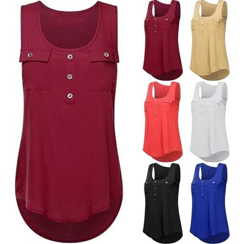 2020 Newest Summer Sexy Lady Vest Solid Color Sleeveless Button Pocket Round Neck Irregular Hem Vest Top Plus Size 5XL