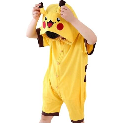 Children Kids Short Sleeve Animal Costume Cosplay Yellow Summer Anime Hooded Onesie Cartoon Jumpsuit for Boy Girl Cotton Pajama