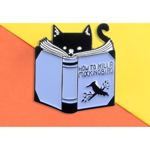 To Kill a Mockingbird Enamel Pins Black Cat Reading Book Badges Brooches Lapel Clothes bag Pin Cartoon Animal Jewelry Gifts