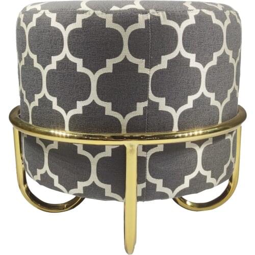 ChinaFurniture Modern Golden Polished Steel Chassis Linen Ottoman Pattern Cushion Round Stool for Drawing Room Club Bar Outdoors