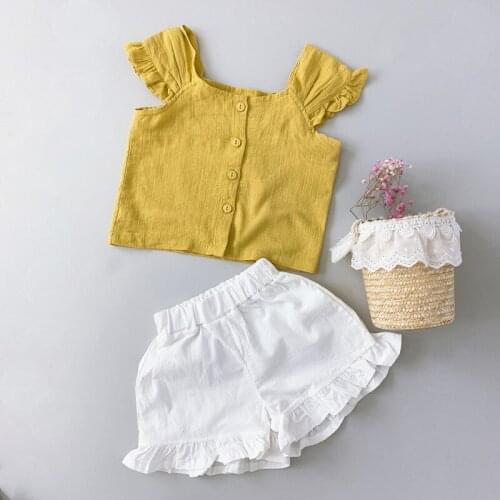 DFXD Summer Children Clothes Girls Clothing Sets Casual Cotton 2pc Outfit Fly Sleeve Yellow Shirt Tops White Short Pants 1-7T