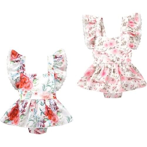 FOCUSNORM 0-24M Summer Lovely Baby Girls Rompers Flowers Printed Ruffles Short Sleeve Backless Jumpsuits 2 Colors