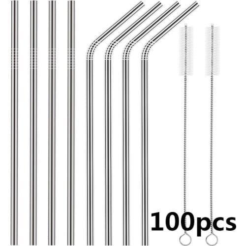 Metal Straw Reusable Drinking Straws Stainless Steel Bag Straw 100pcs Straws + 10pcs Brushs
