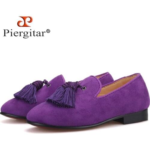 Piergitar purple cow suede parental shoes same men loafers design children tassel loafers handmade party kids smoking slippers