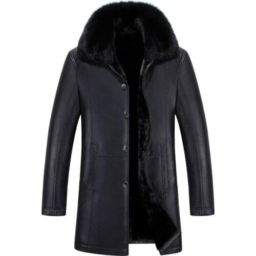 Mens Korean version of the Thick Leather Fur one Mens jacket Winter leather jacket Plus velvet Long Leather Size M-XXXL 4XL
