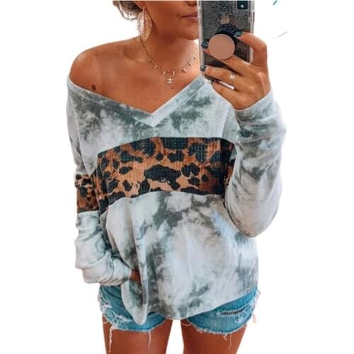 New tie dye leopard print women lady sweatshirt v-neck long sleeve autumn hoodie loose casual pullover female tops clothing