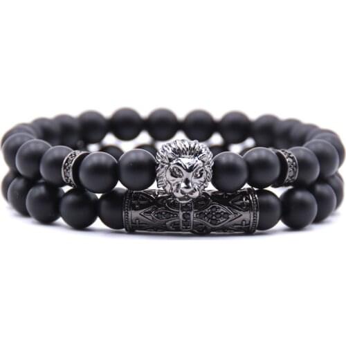 New Punk Lion Head Bracelet Womens 8mm Frosted Stone Beads Mens Jewelry Elastic Bracelet Pulseras Mujer Bracciali Uomo