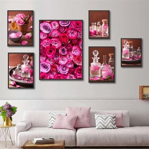 Canvas Print Pink Rose Flower Aromatherapy,Azalea Flowers,Spa Stones Glass Bottle Posters Wall Art Painting Decoration Pictures