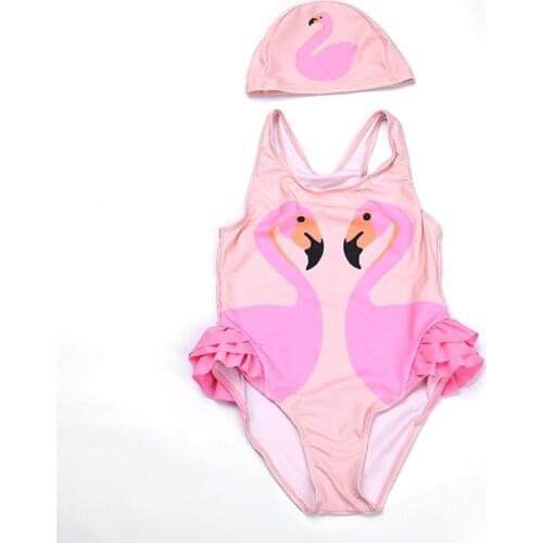 2-12T Girls Swim Dress One Piece Flamingo Swimsuit Girl Swim Rompers With Hat Animal Print Bather UV Baby Flamingo Swim Dress