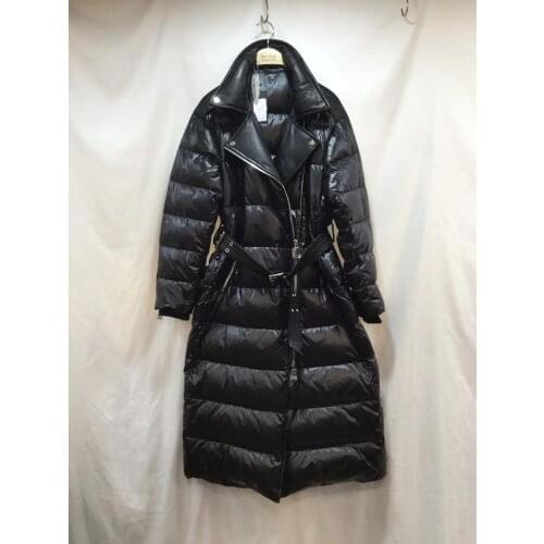 Fashion Winter long thick warm fluffy down coat female real leather stitching down parkas warm down jackets with belt down coats