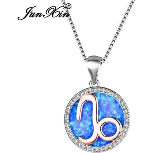 JUNXIN White Gold Filled Capricorn Pendant Constellation Necklaces For Women Round White Blue Fire Opal Necklace Female Choker