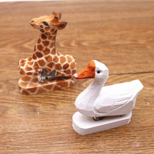 Handmade Animal Shape Mini Stapler Office Creative Wooden Stationery Log Stapler White Goose Fish Squirrel Dog Cat Pattern