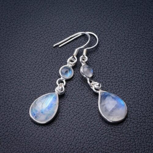 StarGems Natural Rainbow Moonstone Handmade 925 Sterling Silver Earrings 1.75" D7203