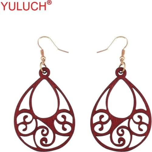YULUCH New Arrival Ethnic Retro Woman Jewelry Accessories Wooden Drops Hollow Lucky Symbol Pendant Earrings Gift
