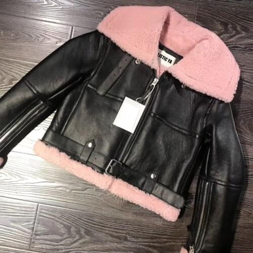 Genuine sheep leather lady with fur short 100% real lambskin jacket