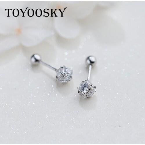 TOYOOSKY New Cute Small Round AAA CZ Ball 925 Sterling Silver Screw Stud Earrings For Women Girls Kids Piercing Jewelry Orecchin