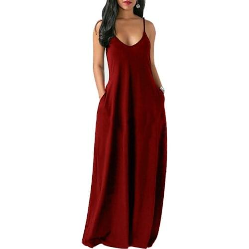 Womens Summer Long Dresses Loose Solid Sexy Spaghetti Straps Maxi Dress Casual Plus Size Sleeveless O-Neck Beach Pockets Dress