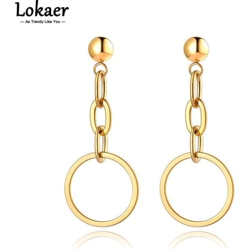 Lokaer Fashion Titanium Stainless Steel Geometry Thick Chain Earrings Bohemia Big Circle Party Jewelry For Women Серьги E21119