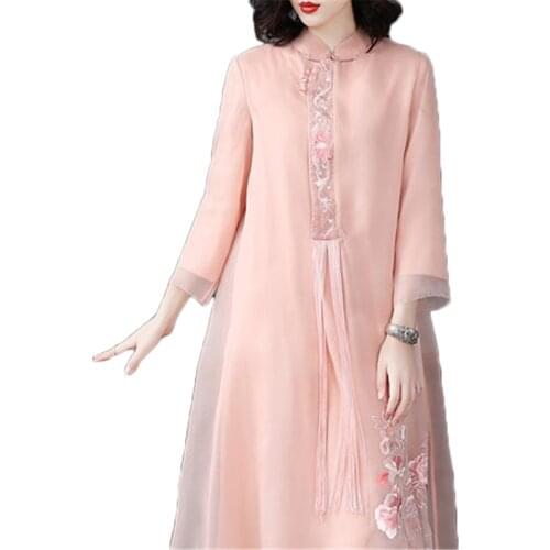 Spring Autumn womens Dresses Chinese Style Embroidery Female Dress Long Sleeve Women Cheongsam loose elegant Long Dress FC30