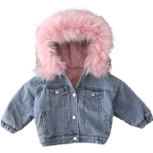 Winter Baby Girl Boy Warm Thick Denim Jacket Fur Hooded Toddler Girl Baby Outerwear Denim Jacket Cotton Kids Girl Parka Children