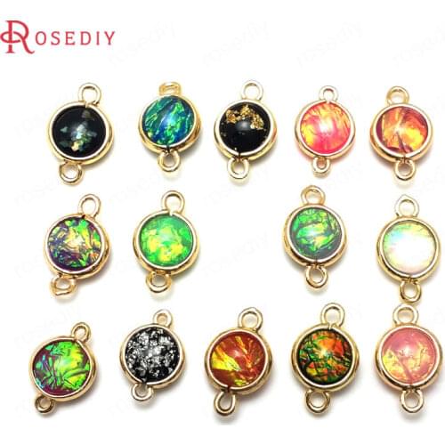 10PCS 16x9MM 24K Champagne Gold Color Brass and Resin 2 Holes Colorful Rainbow Style Round Connect Charms Pendants Findings