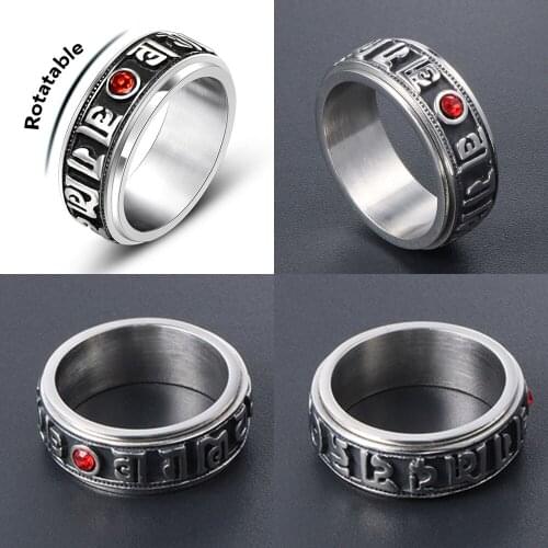 316L Red CZ Rotatable Sanskri Om mani padme hum Men Punk Vintage Ring Gothic Stainless Steel Biker Rings Motorcycle jewellery