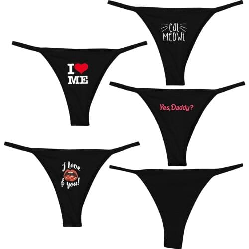 5pcs Plus Size Porno black Funny letter Printing G-string Womens High Waist Bandage Underwear Exotic Mini Thong Micro Bikini