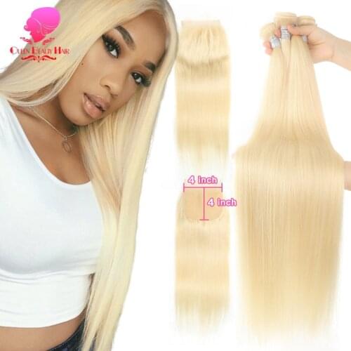 613 Honey Blonde Human Hair Straight Brazilian Hair Weave Bundles with Closure 4x4 613 Blonde Hair Deals 3 4 Bundles and Closure