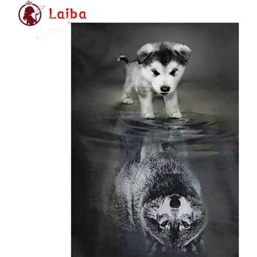 Diamond embroidery Black and white animal art, puppy reflection wolf full square round drill diamond painting 5d diy diamond
