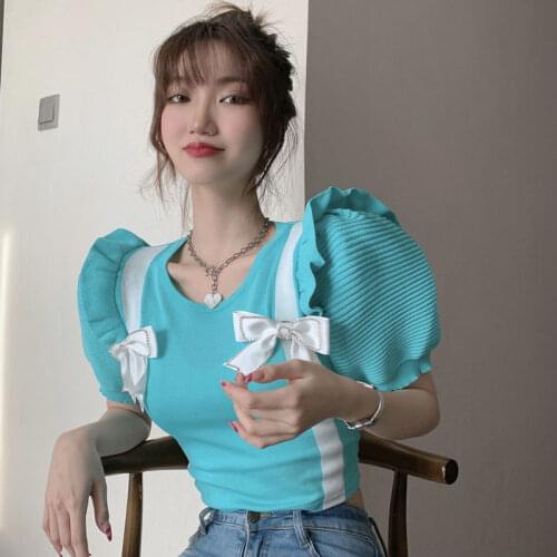 Bow Y2k Tops Sweet Style Woman Tshirts White Summer Puff Sleeve Korean Clothes Fashion O-neck Ladies Tees Ruffles Slim New