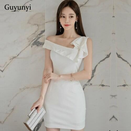 White Sexy Nightclub Dress 2021 Summer High Waist Mini Dress Asymmetric Collar Decorative Ruffles Party Dress Women