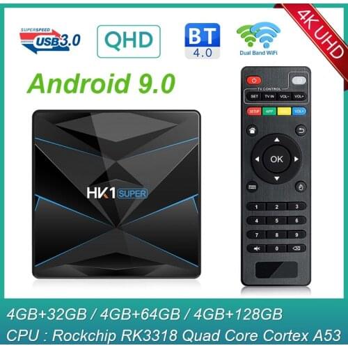 HK1 Super QHD Smart TV Box Android 9.0 RK3318 Quad Core 4G 32G/64G/128G 2.4G/5G WiFi BT4.0 Android TV Box 4K UHD Media Player