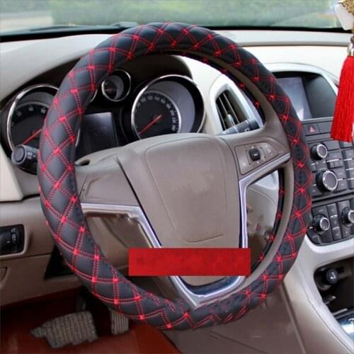 Checkered Embroidery Car Steering Wheel Cover Universal Four Season PU Leather Red Line Car Steering-wheel Cover Car Styling