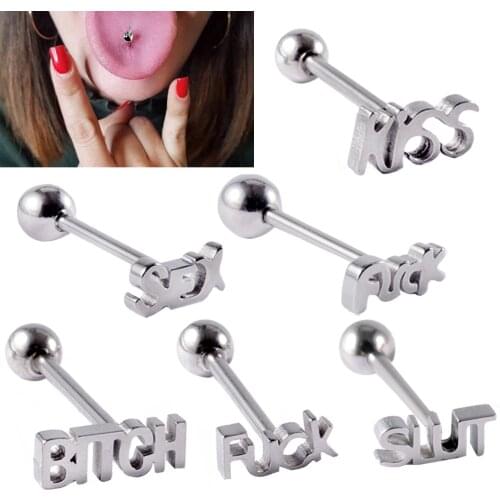 1Pcs Surgical Steel Word Tongue Rings Tongue Barbell Studs Tongue Piercings Internally Threaded Punk Body Piercing Jewelry 14G