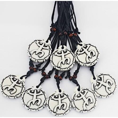Wholesales 6pcs Yak Bone Powder Resin Carved Taino Frog Pendants Necklace Black Wax Cotton Cord Adjustable
