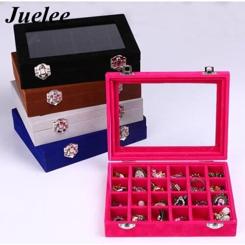 Juelee Tray Jewelry Velvet Ring Box Display Earring Show Storage Organizer Women Fashion 24 Grid Case Glass Holder Stand