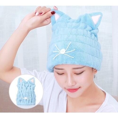 Cute Cat Microfiber Hair-drying Towel Bath Cap Strong Absorbing Drying Long Soft Special Dry Hair Cap Towel with Coral Velvet