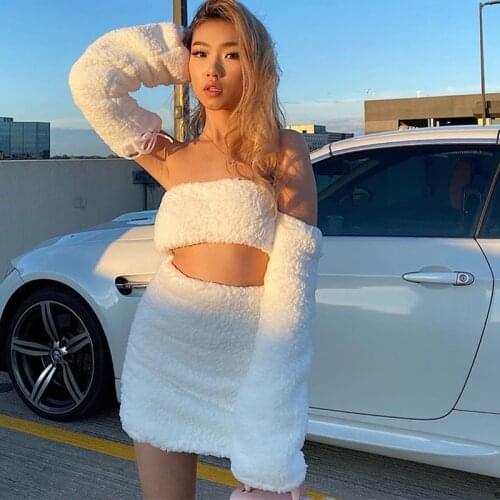 Fluffy Matching Sets Strapless Tie up Cut out Crop Top A Line Short Skirt Set Oversleeve Party Club Outfits for Women