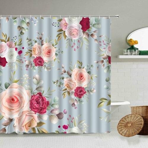 Rose Flower Shower Curtain Rural Plant Leaf Floral European Watercolor Art Home Bathroom Wall Decor Waterproof Screen Washable