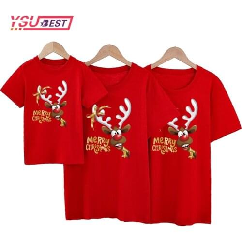 Christmas Deer Father Mother Kids Baby Family Matching Clothes Short Sleeve Cartoon Tops Matching Clothes Family Look T-Shirts