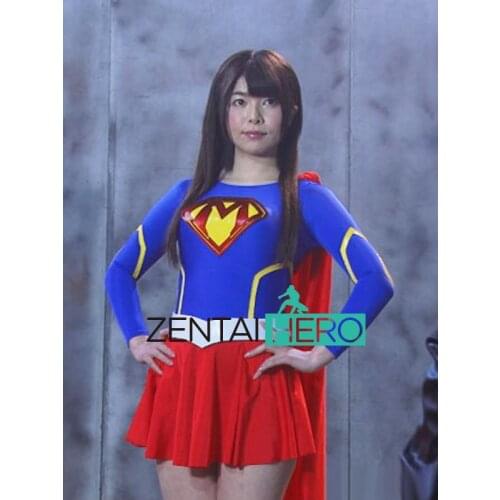 Hot Sexy Womens Heroine Lycra Spandex Bodysuits Red/Blue Supergirl Zentai Catsuit Movie Sexy Mighty Lady Leotard With Cape