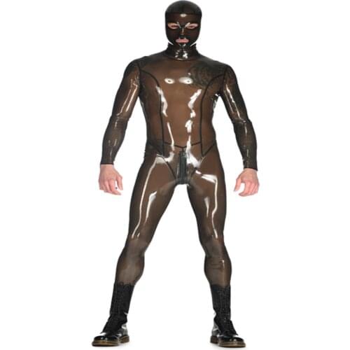 Sexy Handmade Full Cover Latex Catsuit with Black Trims with Hood & Socks Back Zipper Tight Bodysuit for Men