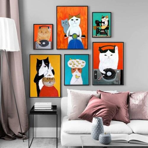 Modern Abstract Colourful Animal Funny Cat Wall Art Picture Nordic Posters And Prints Canvas Painting Living Room Decor