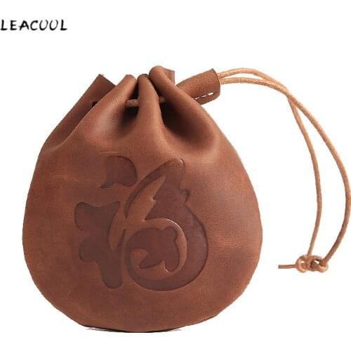 100% Genuine Leather Coin Bag Vintage Luck Draw String Wallet Bucket Lady Purse Organizer Cute Change Money Bags Pouch
