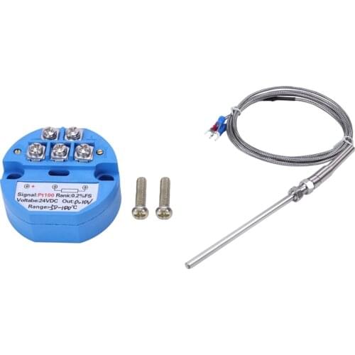 1Pcs RTD PT100 Temperature Transmitter DC24V Minus 50 - 100 Degree Output 0-10V & 1Pcs Steel Temperature Probe Pt100 RTD Sensor